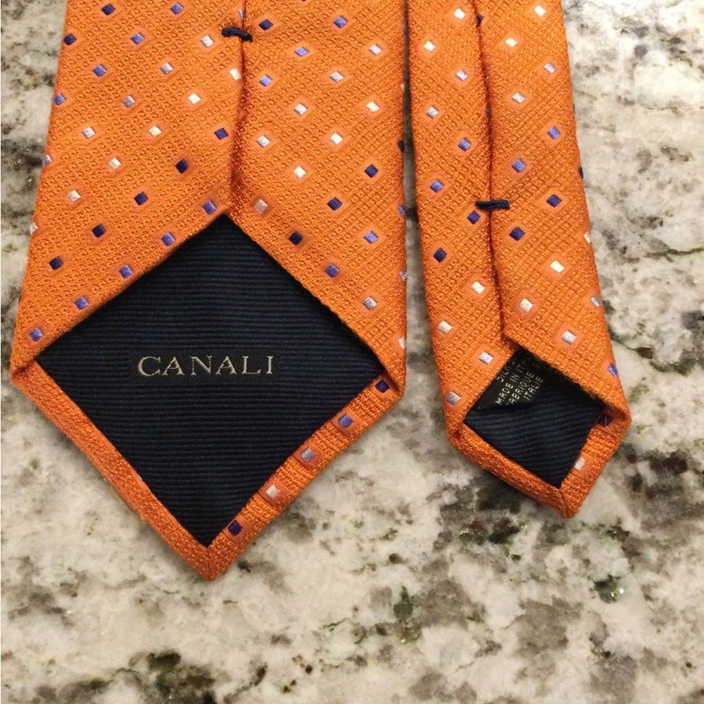 Canali Orange Silk Tie with Blue and White Diamond Motif